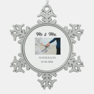 Mr & Mrs add family name date year wedding favour Snowflake Pewter Christmas Ornament