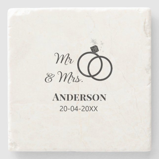 Mr & Mrs add family name date year wedding favour  Stone Coaster (Front)