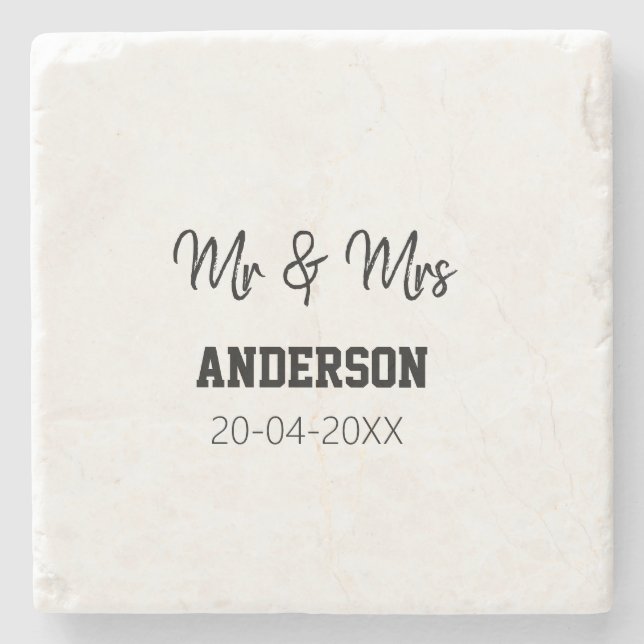 Mr & Mrs add family name date year wedding favour  Stone Coaster (Front)