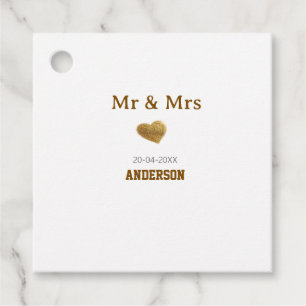 Mr & Mrs add family name golden glitter heart spar Favour Tags