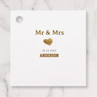 Mr & Mrs add family name golden glitter heart spar Favour Tags