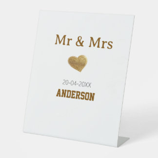 Mr & Mrs add family name golden glitter heart spar Pedestal Sign