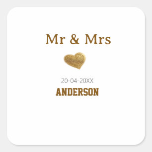 Mr & Mrs add family name golden glitter heart spar Square Sticker