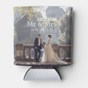Mr & Mrs add family name photo date wedding family Can Cooler