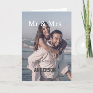 Mr & Mrs add family name photo date wedding family Card