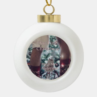 Mr & Mrs add family name photo date wedding family Ceramic Ball Christmas Ornament