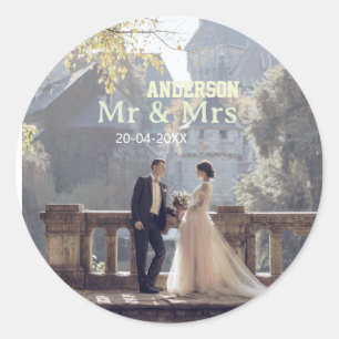 Mr & Mrs add family name photo date wedding family Classic Round Sticker