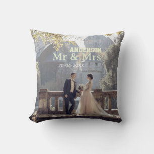 Mr & Mrs add family name photo date wedding family Cushion