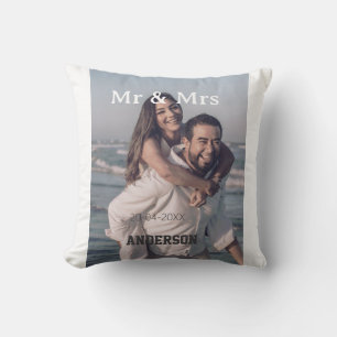 Mr & Mrs add family name photo date wedding family Cushion