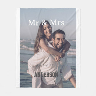 Mr & Mrs add family name photo date wedding family Fleece Blanket