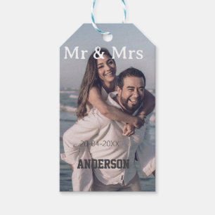 Mr & Mrs add family name photo date wedding family Gift Tags