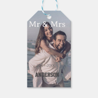 Mr & Mrs add family name photo date wedding family Gift Tags