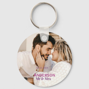Mr & Mrs add family name photo date wedding family Key Ring