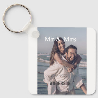 Mr & Mrs add family name photo date wedding family Key Ring