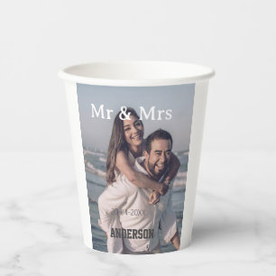 Mr & Mrs add family name photo date wedding family Paper Cups