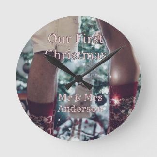Mr & Mrs add family name photo date wedding family Round Clock