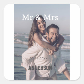 Mr & Mrs add family name photo date wedding family Square Sticker