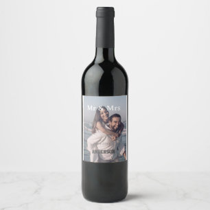 Mr & Mrs add family name photo date wedding family Wine Label