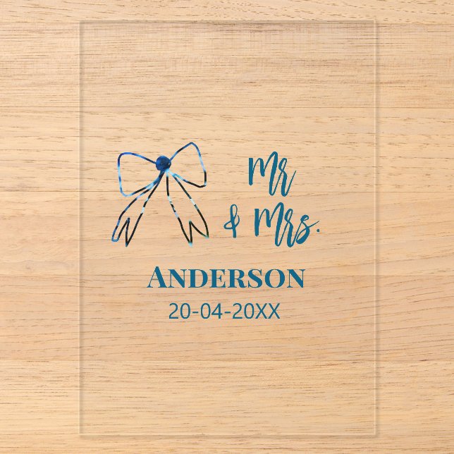 Mr & Mrs add name date wedding favour bow blue gre Acrylic Invitations (Front)