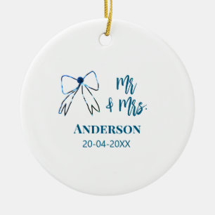 Mr & Mrs add name date wedding favour bow blue gre Ceramic Tree Decoration