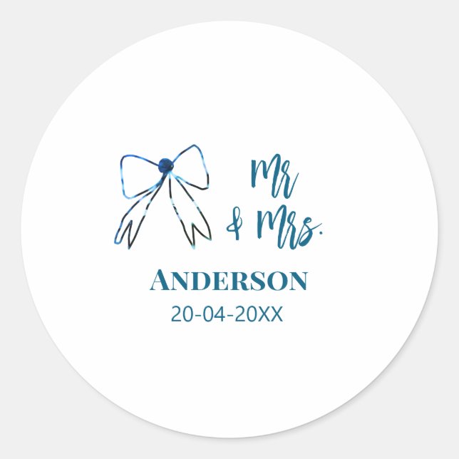 Mr & Mrs add name date wedding favour bow blue gre Classic Round Sticker (Front)