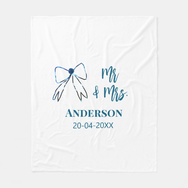 Mr & Mrs add name date wedding favour bow blue gre Fleece Blanket (Front)