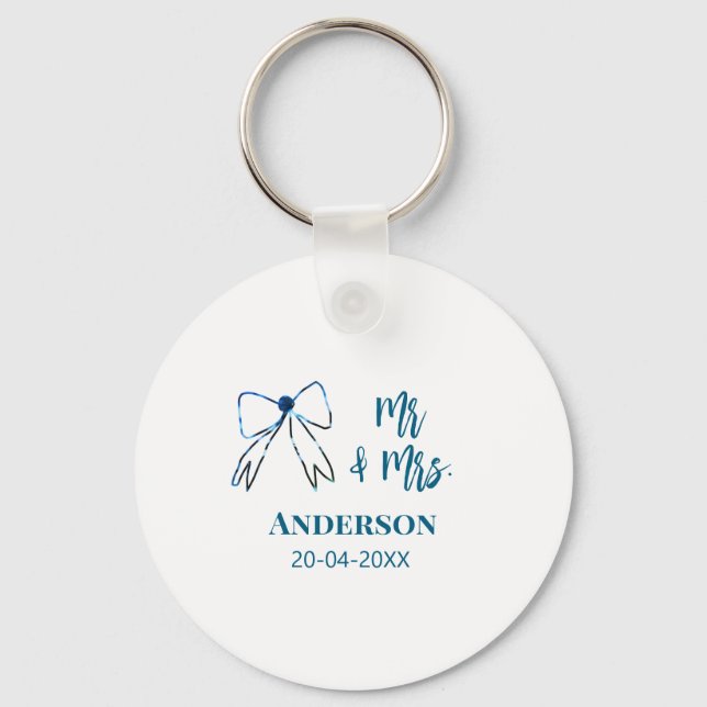 Mr & Mrs add name date wedding favour bow blue gre Key Ring (Front)