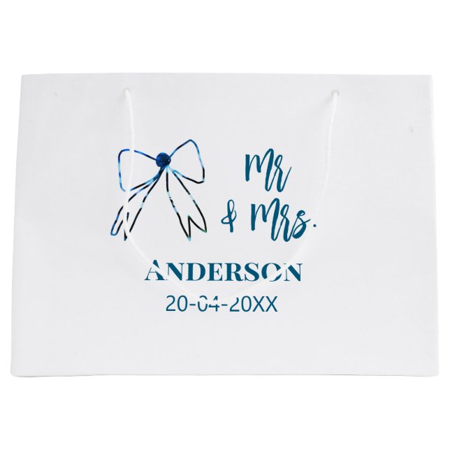 Mr & Mrs add name date wedding favour bow blue gre Large Gift Bag (Front)