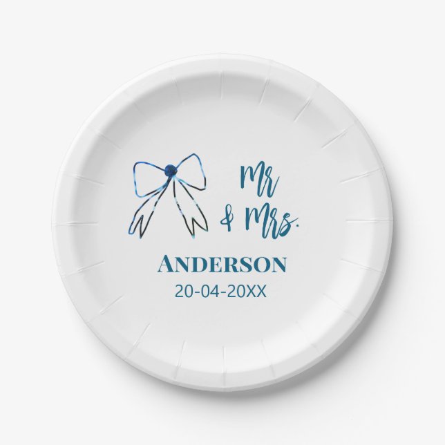 Mr & Mrs add name date wedding favour bow blue gre Paper Plate (Front)