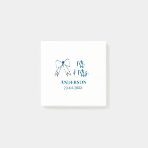 Mr & Mrs add name date wedding favour bow blue gre Post-it Notes