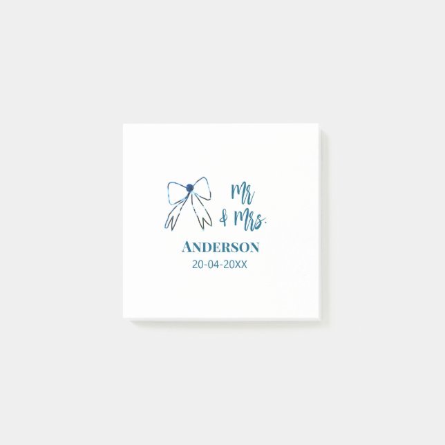 Mr & Mrs add name date wedding favour bow blue gre Post-it Notes (Front)