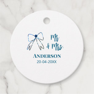 Mr & Mrs add name date wedding favour bow blue gre Tags