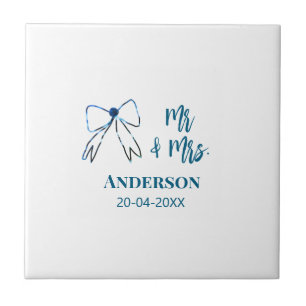 Mr & Mrs add name date wedding favour bow blue gre Tile