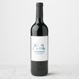 Mr & Mrs add name date wedding favour bow blue gre Wine Label