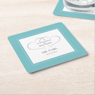 Mr & Mrs Aqua & White Elegant Hearts Wedding Chic Square Paper Coaster