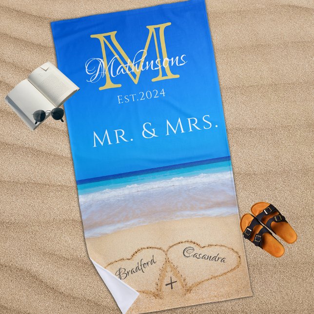 Mr. Mrs. Beach Wedding Hearts Sand Family Monogram Towel (Creator Uploaded)
