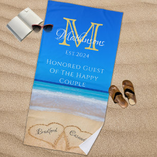 Mr. Mrs. Beach Wedding Hearts Sand Honored Guest Towel