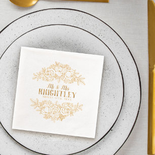 Mr & Mrs Beautiful Gold Foil Roses Floral Wedding Napkins