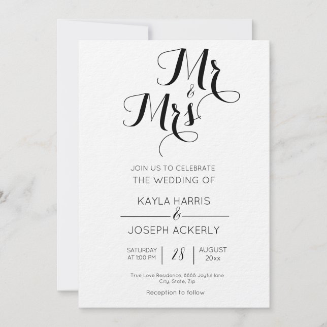 Mr & Mrs black and white wedding invitation card (Front)