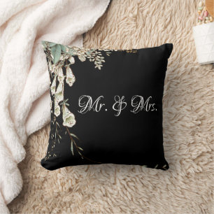 Mr. & Mrs. Black Floral Script Wedding Cushion