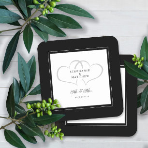 Mr & Mrs Black & White Elegant Hearts Wedding Chic Square Paper Coaster