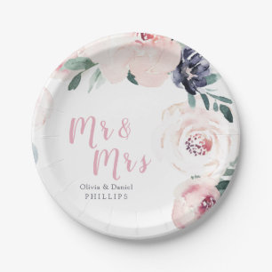 Mr & Mrs Blooming botanical blush floral wedding Paper Plate