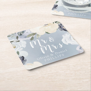 Mr & Mrs Blooming botanical dusty blue floral Square Paper Coaster