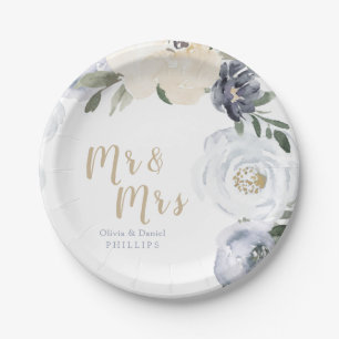 Mr & Mrs Blooming botanical dusty blue wedding Paper Plate