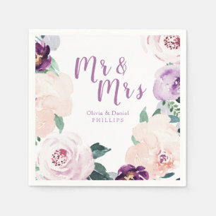 Mr & Mrs Blooming botanical purple floral wedding Napkin