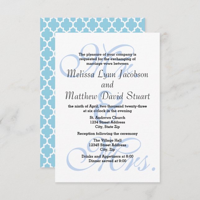Mr. & Mrs. Blue-3x5 Wedding & Reception Invitation (Front/Back)