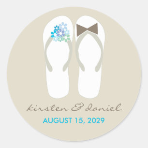 Mr & Mrs Blue Flowers Flip Flops Beach Wedding Classic Round Sticker