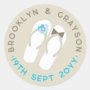 Mr & Mrs Blue Flowers Flip Flops Beach Wedding Classic Round Sticker