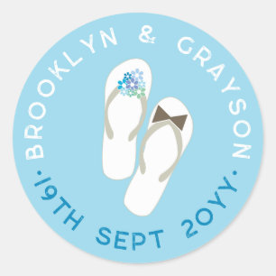 Mr & Mrs Blue Flowers Flip Flops Beach Wedding Classic Round Sticker