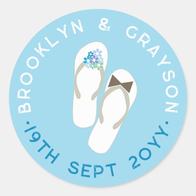 Mr & Mrs Blue Flowers Flip Flops Beach Wedding Classic Round Sticker (Front)